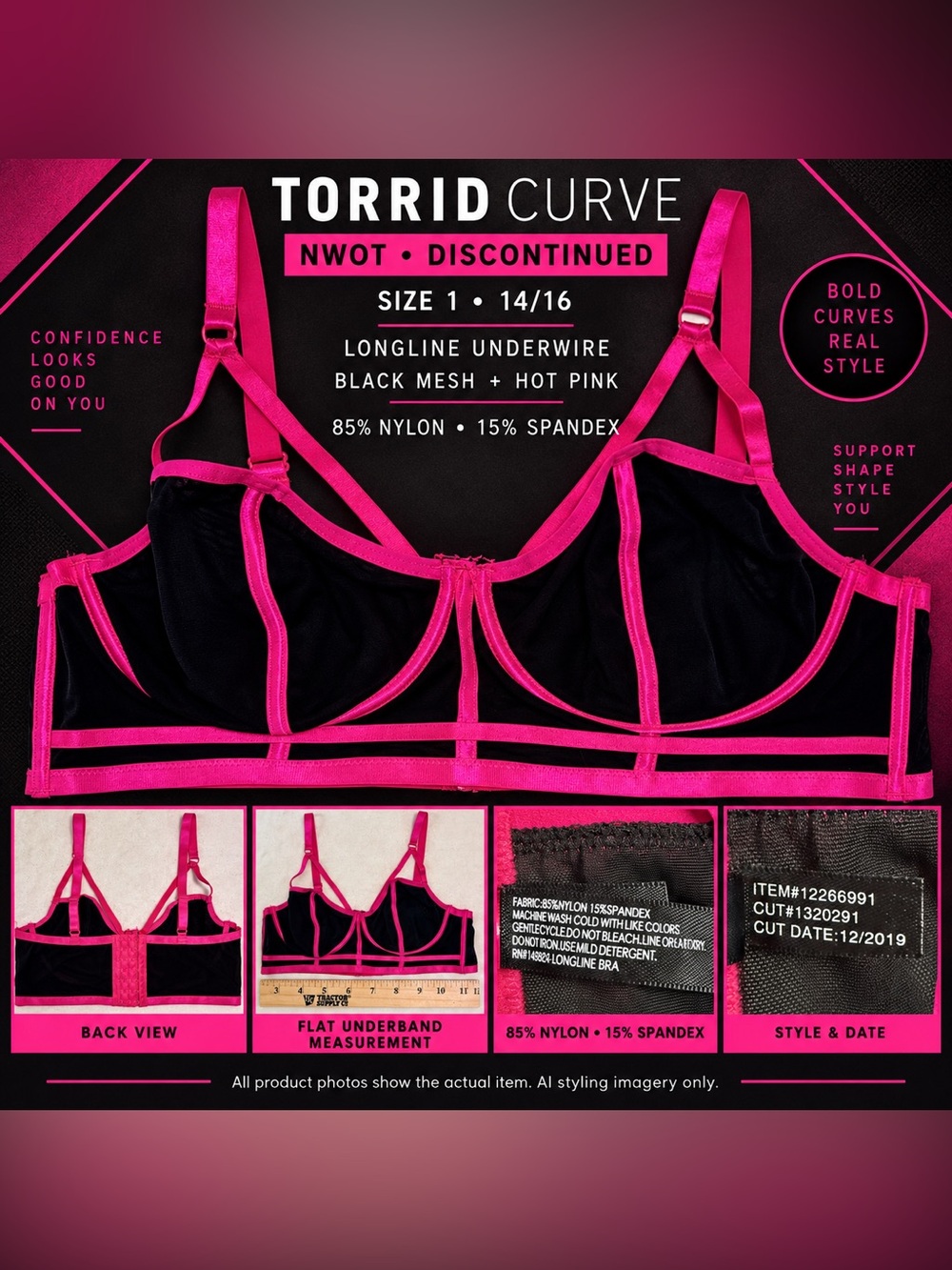 Torrid Curve Longline Underwire Bra Size 1 14/16 Black Pink Mesh NWOT Bustier 1X